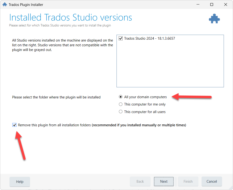 Trados Plugin Installer showing version selection and installation location options