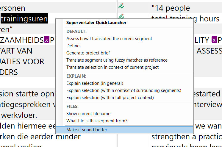 The QuickLauncher context menu showing folder sections and prompt shortcuts